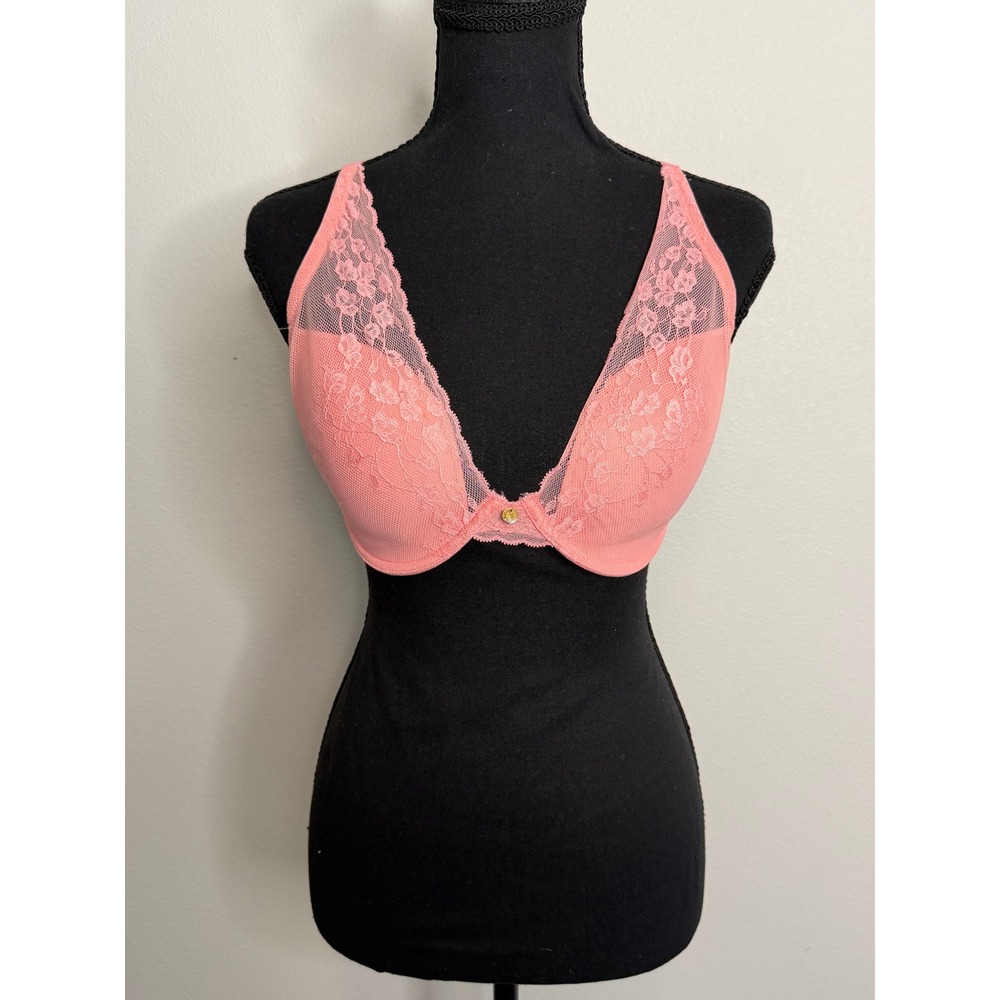 Natori Feathers Underwire Contour Bra Coral Pink Lace Plunge 730023 34DD